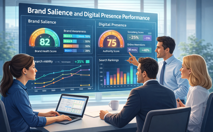 marketing team analyzing brand salience and digital presence performance on dashboard
