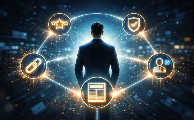 Business authority concept with professional figure surrounded by trust signals like reviews, backlinks, and verification icons in a digital network