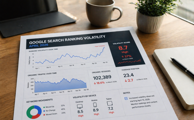 Digital dashboard showing Google search ranking volatility and website traffic fluctuations in April 2026
