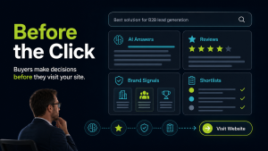 AI-driven buyer journey showing how buyers evaluate options through AI answers, reviews, brand signals, and shortlists before visiting a website
