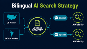 Bilingual AI search strategy flowchart showing how content strategy supports AI visibility across English and Spanish query environments