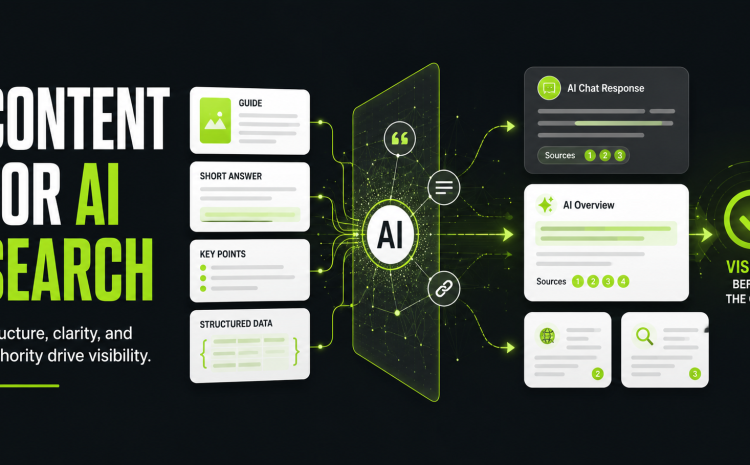 Content for AI search showing how structured content, clear answers, key points, and structured data help brands appear in AI answers and search results
