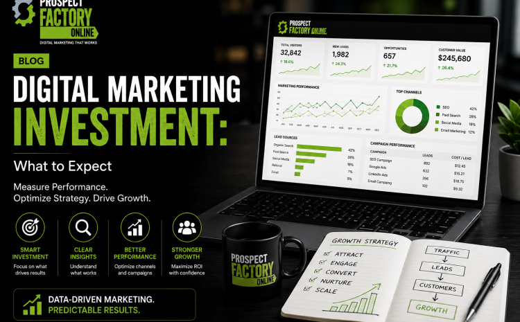 Digital marketing investment dashboard showing business growth metrics, lead generation performance, campaign analytics, and ROI data for multi-channel marketing strategy