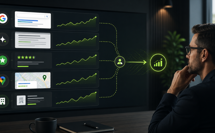Business leader reviewing search visibility strategy data showing organic traffic, lead flow, AI search signals, maps, reviews, and search performance