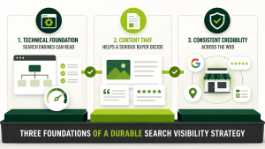 Three foundations of a durable search visibility strategy showing technical SEO, buyer-focused content, and consistent credibility across the web