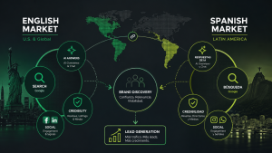 Bilingual search visibility strategy showing English and Spanish market discovery signals across Google, AI answers, social platforms, credibility, and lead generation